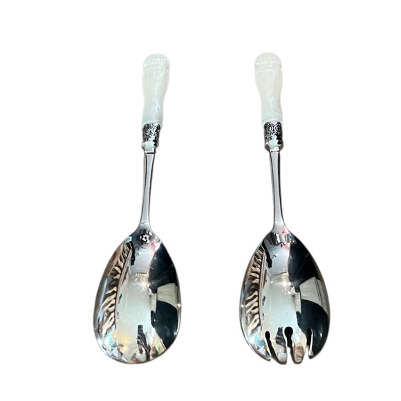 Pair Vintage SLAH Faux Carved Mother of Pearl Handles Salad Serving Spoon & Fork - Picture 2 of 5